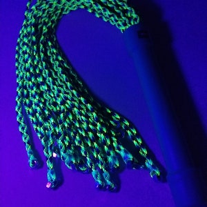 FPSN17G Paracord Flogger 17 UV green, black and blue looped with nuts and green handle for BDSM impact play lots of sting image 4