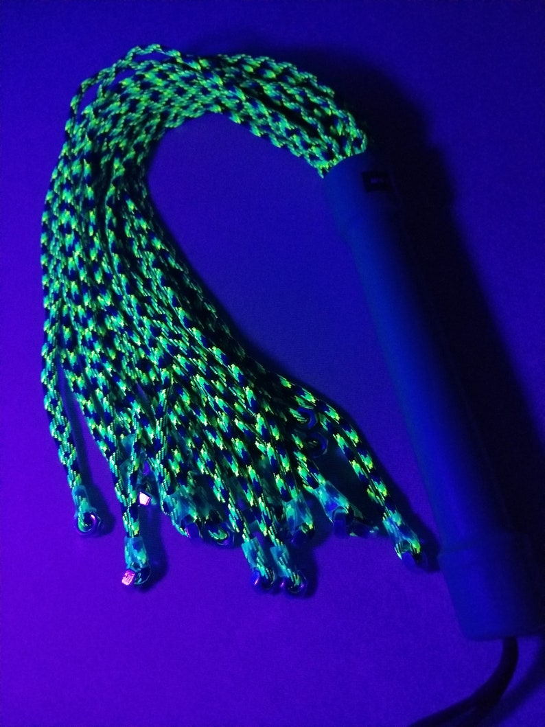 FPSN17G Paracord Flogger 17 UV green, black and blue looped with nuts and green handle for BDSM impact play lots of sting image 4