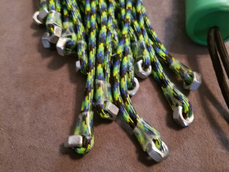 FPSN17G Paracord Flogger 17 UV green, black and blue looped with nuts and green handle for BDSM impact play lots of sting image 8