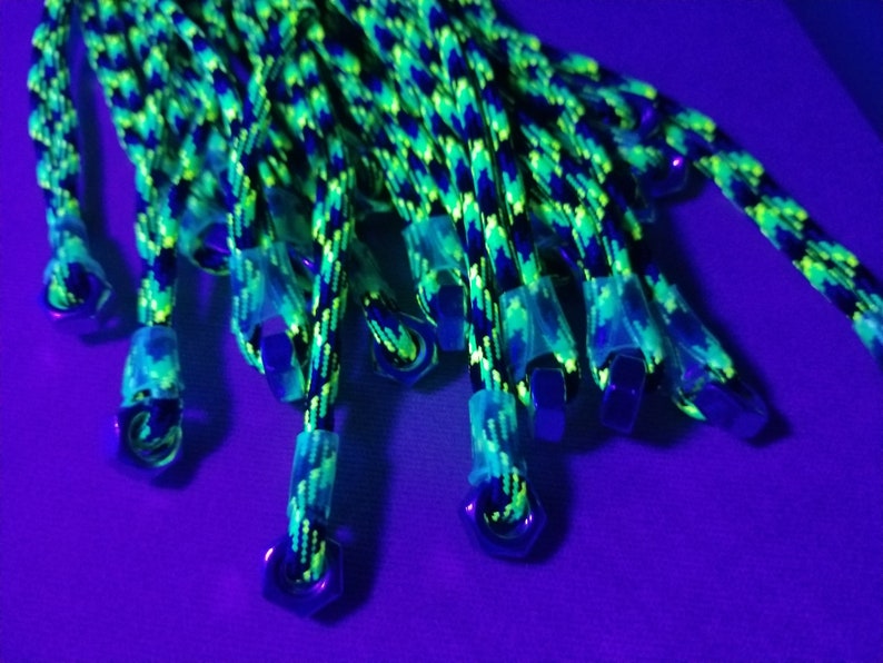 FPSN17G Paracord Flogger 17 UV green, black and blue looped with nuts and green handle for BDSM impact play lots of sting image 7