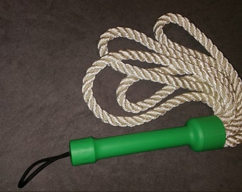 Rope Flogger about 12" "4 Loop" white with green handle for BDSM impact play all thud and no sting and it's vegan