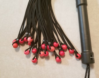 FPWB15B - Paracord flogger 15" black with red wood beads and black handle for BDSM impact play. Vegan. Some sting and thud.