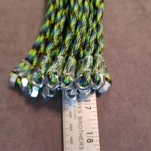 FPSN17G Paracord Flogger 17 UV green, black and blue looped with nuts and green handle for BDSM impact play lots of sting image 5