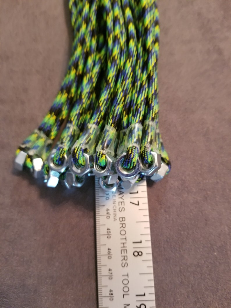 FPSN17G Paracord Flogger 17 UV green, black and blue looped with nuts and green handle for BDSM impact play lots of sting image 5