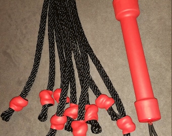 16" Rope Flogger: Black Braided, Red Knots & Handle