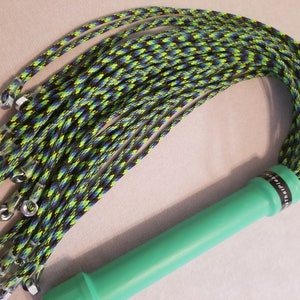 FPSN17G Paracord Flogger 17 UV green, black and blue looped with nuts and green handle for BDSM impact play lots of sting image 1