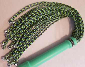 FPSN17G - Paracord Flogger 17" UV green, black and blue looped with nuts and green handle for BDSM impact play lots of sting