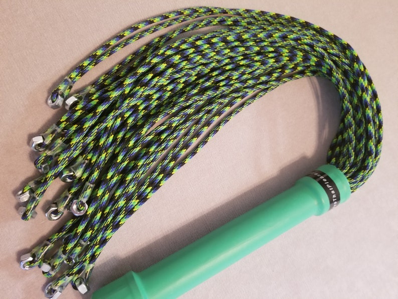 FPSN17G Paracord Flogger 17 UV green, black and blue looped with nuts and green handle for BDSM impact play lots of sting image 1