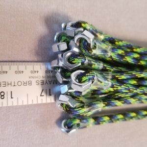 FPSN17G Paracord Flogger 17 UV green, black and blue looped with nuts and green handle for BDSM impact play lots of sting image 9