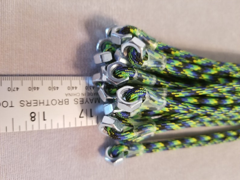 FPSN17G Paracord Flogger 17 UV green, black and blue looped with nuts and green handle for BDSM impact play lots of sting image 9