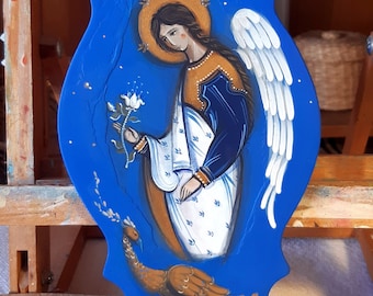 Religious Painting Gift - Religious Angel Painting on Wood - Christian Gift Ideas - Orthodox Icon Painting - Holy Gift - Hand Painted Icons