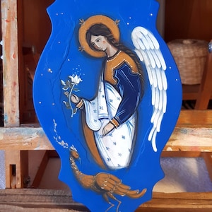 Religiöse Malerei Geschenk Religiöse Engel Malerei auf Holz christliche Geschenkideen orthodoxe Ikonenmalerei Heiliges Geschenk handgemalte Ikonen Bild 1