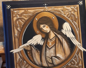 Religious Angel Hand Painted on Wood - Housewarming Gift for Family or Friends - Communion or Christening Gifts - Romanian Religious Icon