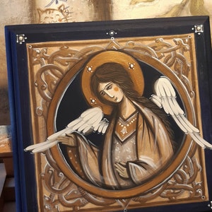 Religious Angel Hand Painted on Wood - Housewarming Gift for Family or Friends - Communion or Christening Gifts - Romanian Religious Icon