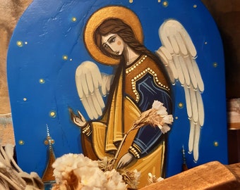 Christian Anniversary Gift - Religious Angel Hand Painted on Wood Icon - Romanian Orthodox Icon, Guardian Angel Gift, Religious Gift for Kid