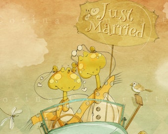 Just Married Card -  Wedding - Whimsical Art- Valentine's Day,  Illustration Print for Kids -  Animal Print - Digital Download
