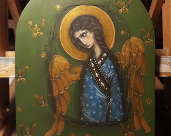 Hand Painted Angel with Wings - Wood Icon Orthodox - Religious Painting on Wood - Romanian Orthodox Painting Gift for Family or Friends