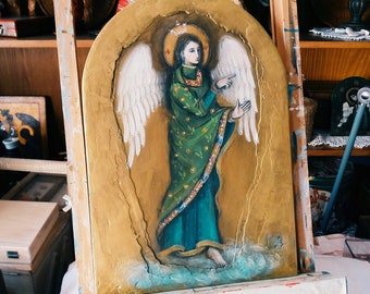 Religious Painting of Angel with Wings - Religious Angel Painting on Wood - Bronze Anniversary Gift - Romanian Orthodox Icon - Icona Dipinta