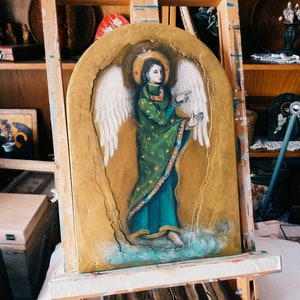 Religious Painting of Angel with Wings - Religious Angel Painting on Wood - Bronze Anniversary Gift - Romanian Orthodox Icon - Icona Dipinta