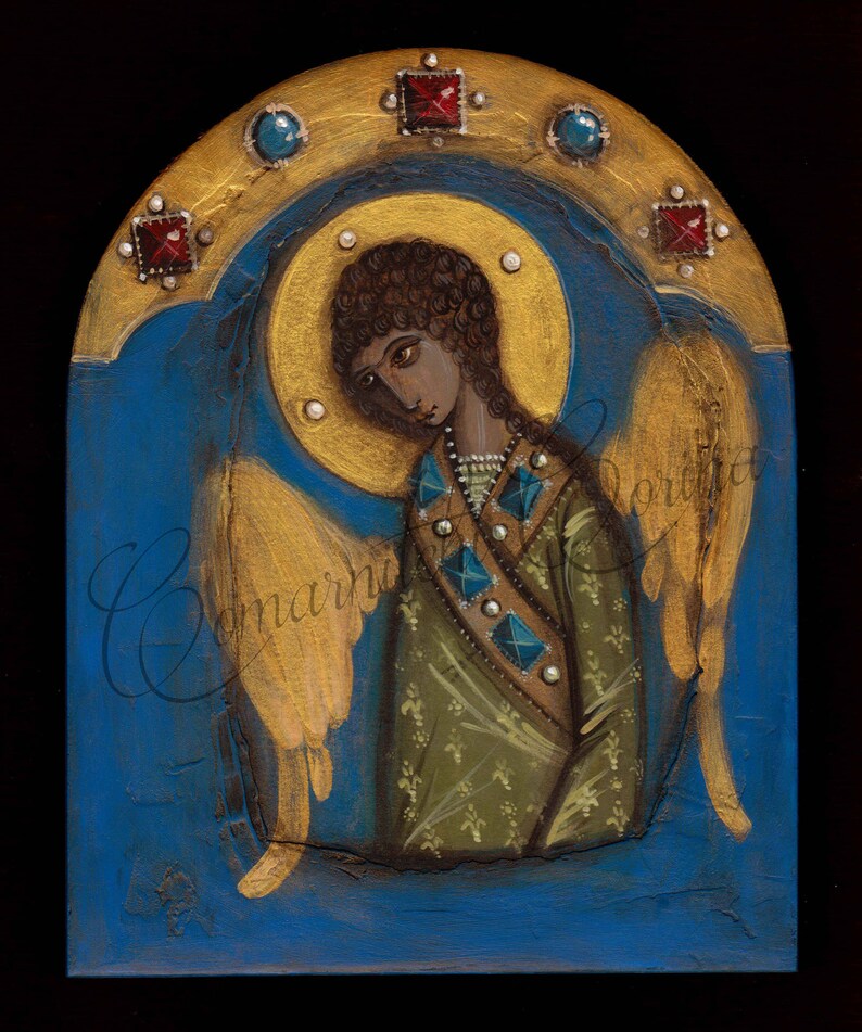 May include: A painting of an angel with brown hair and a green robe. The angel has gold wings and is surrounded by a gold halo. The background is blue with gold accents.