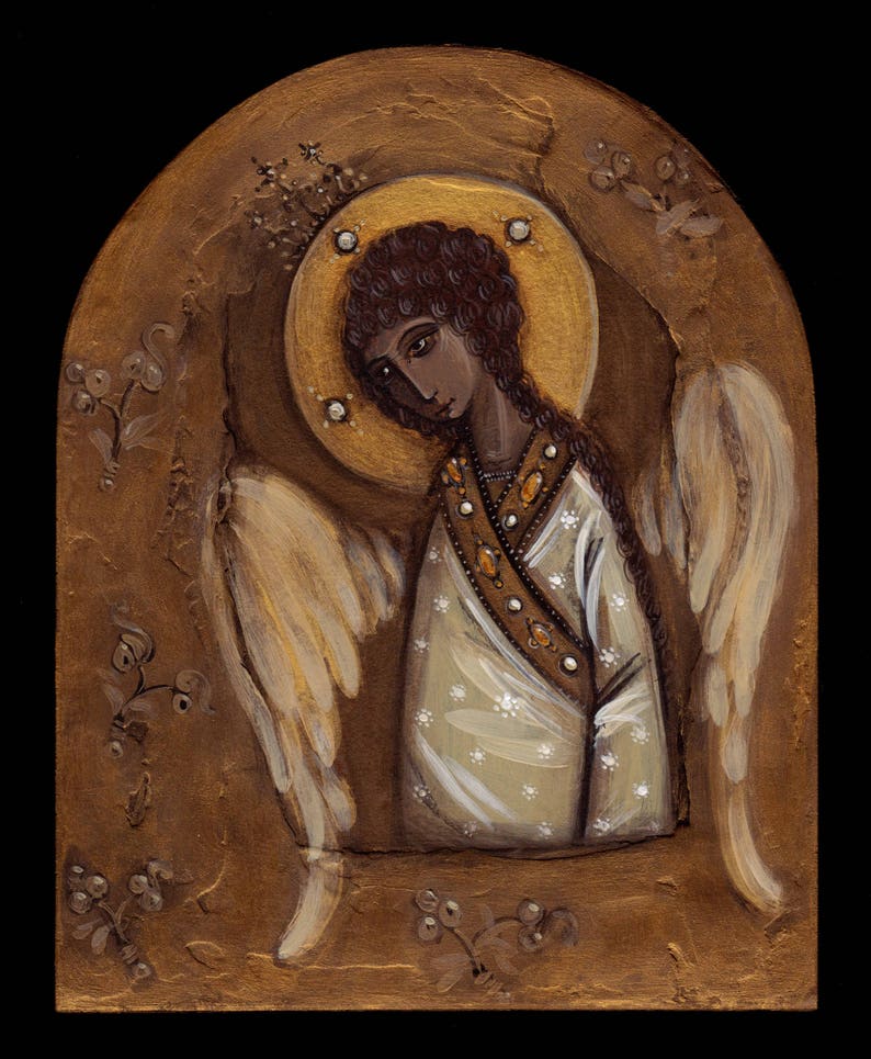 May include: A painting of an angel with brown hair and a gold halo. The angel is wearing a white robe with gold accents and has large, white wings. The background is a textured gold.