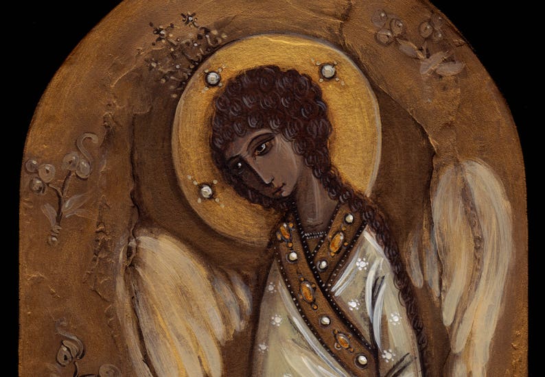 May include: A painting of an angel with brown hair and a halo. The angel is wearing a white robe with gold accents and has wings.