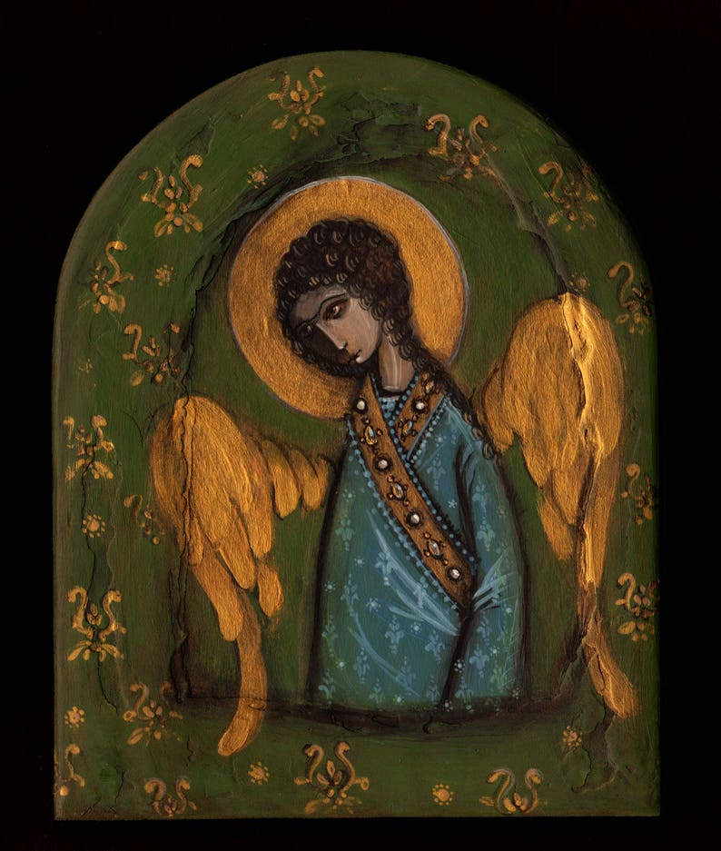 May include: A painting of an angel with gold wings and a blue robe. The angel is surrounded by a green background with gold floral designs.