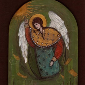 May include: A painting of an angel with white wings, wearing a red and gold robe, holding a sun in their hand. The angel is standing in front of a green background with buildings in the distance.