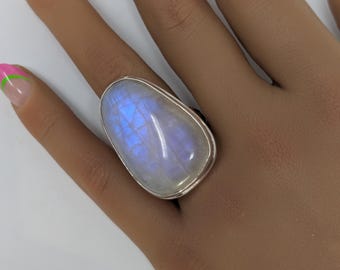 925 Sterling Silver Natural Rainbow Moonstone Ring, Size 9