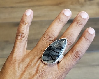 925 Sterling Silver Black Rutilated Quartz Ring , size 8