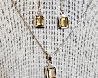 925 Sterling Silver Natural Citrine  Set- Pendant ,Earrings & 18  to 20 inches adjustable Silver Chain
