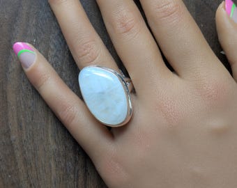 925 Sterling Silver Natural Rainbow Moonstone Ring, Size 9