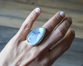 925 Sterling Silver Natural Dendritic Opal Ring, size 6