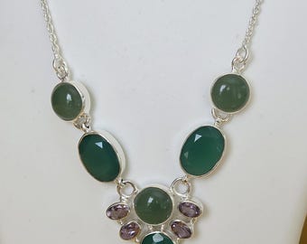 925 Sterling Silver Green Onyx and Amethyst adjustable necklace