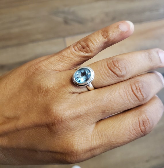 925 Sterling Silver Natural Blue Topaz Rings, Oval Shape, Size 7