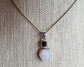 925 Sterling Silver Natural Opal & Garnet Pendant, with 16 to 18 inches adjustable chain