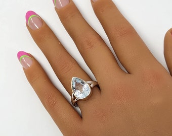 925 Sterling Silver Genuine Aquamarine Ring, handmade, size 8