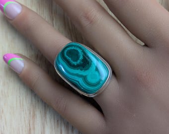 925 Sterling Silver Malachite Ring, size 10