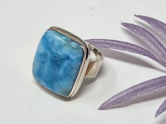 925 Sterling Silver Natural Square Larimar Ring, apx 2 x 2 cm , Size 10