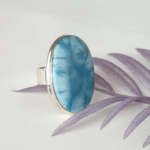 925 Sterling Silver Natural Oval Larimar Ring, about 1.5  inches long, Size 11