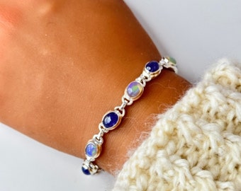 925 Sterling Silver Natural Opal and Tanzanite Bracelet, 6.5 to 8 inches adjustable