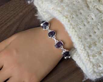 925 Sterling Silver Natural Amethyst Bracelet, adjustable 7 to 8 inches