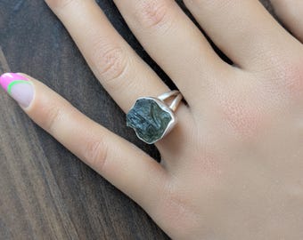 925 Sterling Silver  Natural Moldavite Ring, size 7