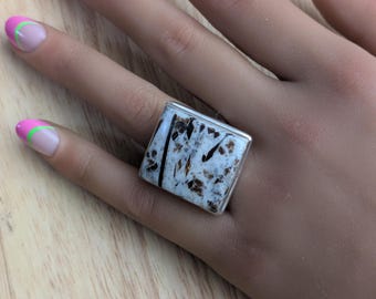 925 Sterling Silver Square Astrophyllite Ring, size 10