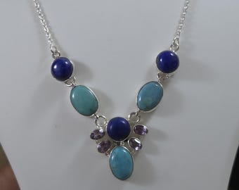 925 Sterling Silver Arizona Turquoise, Lapis and Amethyst adjustable necklace