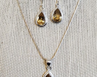 925 Sterling Silver Natural Citrine Set- Pendant ,Earrings & 18 to 20 inches adjustable Silver Chain