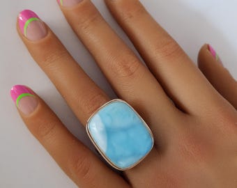 925 Sterling Silver Natural Larimar Ring, Size 11