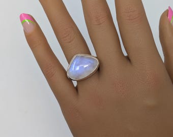925 Sterling Silver Natural Rainbow Moonstone Ring, Size 10