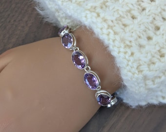 925 Sterling Silver Faceted Amethyst Bracelet, adjustable 7 to 8.5 inches