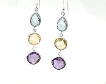 925 Sterling Silver  3 Stones Dangle Earrings ( citrine, amethyst, blue topaz, moonstone, garnet, green amethyst , smoky quartz )